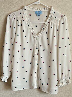 CeCe White and Color Dot 3/4 Sleeve Blouse